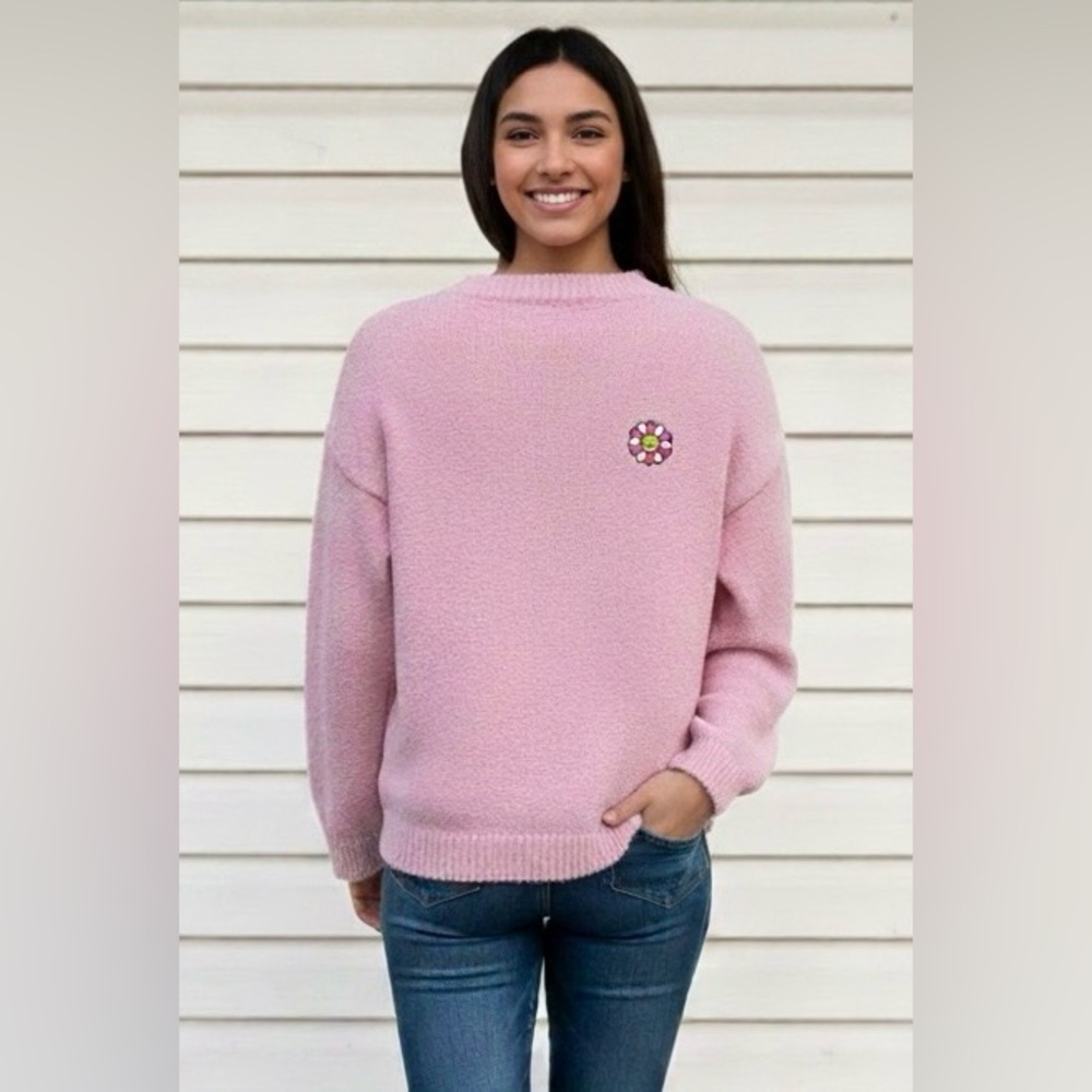 Peony-C By L&H Pink Fuzzy Sweater Smiley Flower Detail Size L (see measurements)
